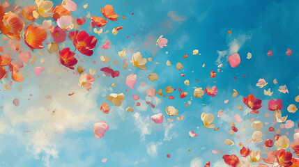 Delicate flower petals floating gently in the azure sky forming a colorful tapestry above a serene landscape