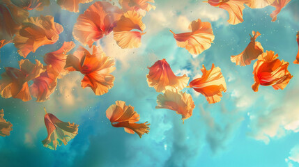 Delicate flower petals floating gently in the azure sky forming a colorful tapestry above a serene landscape