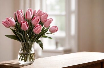 A beautiful bouquet of pink tulips, in a transparent vase, on a light background in an apartment, opposite the window. Gift, March 8.Women's Day. Romance, Love, Relationships. Flowers, tulips