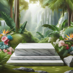 advertising podium empty white marble stone with tropical jungle flowers background