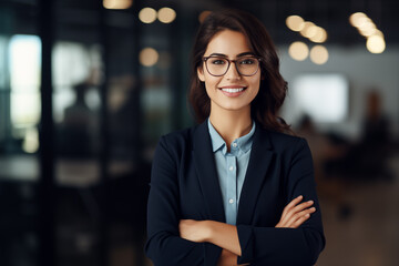Successful latin business woman standing in modern office with copy space