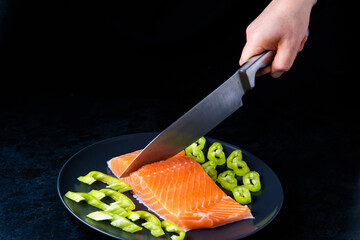 Raw salmon filet with rosemary and spices on plate, black stone background. Top view, flat lay