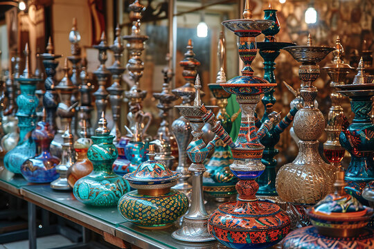  ornate hookahs in a Middle Eastern bazaar - featuring intricate designs that highlight the cultural heritage and social aspect of hookah smoking.