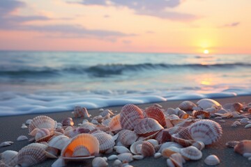 Seashells scattered on the shore at dawn