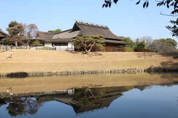 Japanese sentiments : the scene of Japanese traditional thatched houses in Koraku-en Japanese...