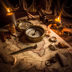 Fototapeta na wymiar Vintage map with a compass, magnifying glass, and quill.