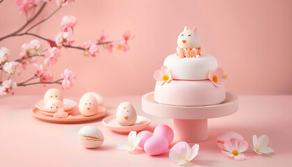 Creative Easter composition. Spring flowers, Easter egg and butterflies on pink banner. Easter card