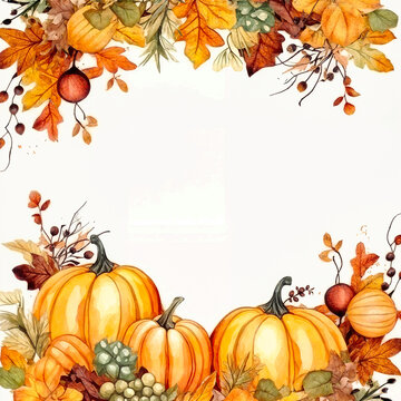 Autumn frame with pumpkins and leaves. Hand drawn watercolor illustration