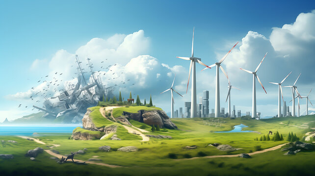 symbols of environmental conservation and sustainability. depicting renewable energy sources like wind turbines or solar panels blending seamlessly with the surreal landscape.