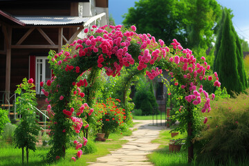 Fototapeta na wymiar Beautiful rose garden with arch and gazebo in summer