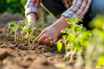 Close-up of woman's hands planting tomato seedlings in the garden