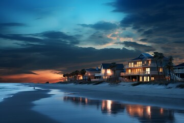 A beachside scene with soft blue hour colors