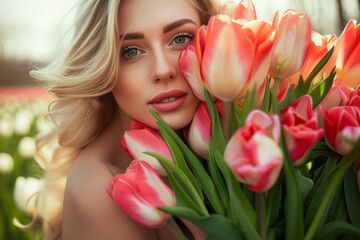 Beautiful young woman with a bouquet of tulips in the park