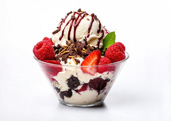 ice cream with fresh raspberries, strawberries and chocolate on white background