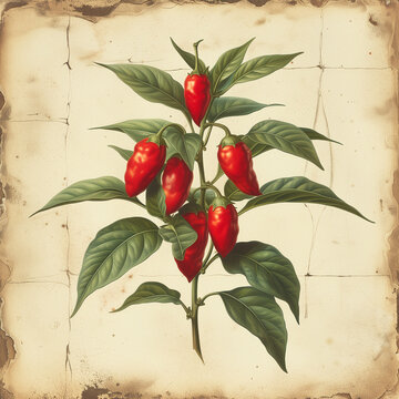 Capsicum solanaceous plant of the Capsiceae genus cultivated worldwide for their spicy chili pepper or bell pepper fruit, vintage style botanical illustration