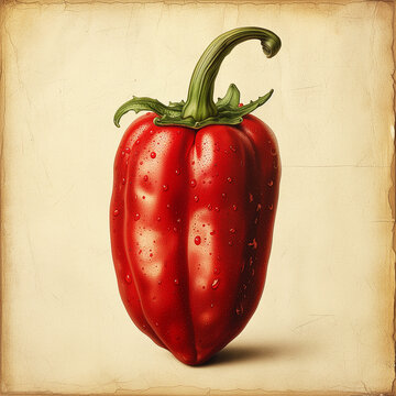 Spicy red pepper or bell pepper genus Capsiceae, fruit of Capsicum solanaceous plant, vintage style botanical illustration