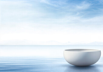 White bowl on blue sea and sky background - obrazy, fototapety, plakaty