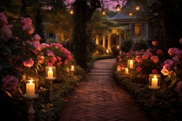 Fototapeta na wymiar A candlelit path leading through a garden
