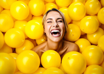 Beautiful young woman with yellow balloons on yellow background, closeup