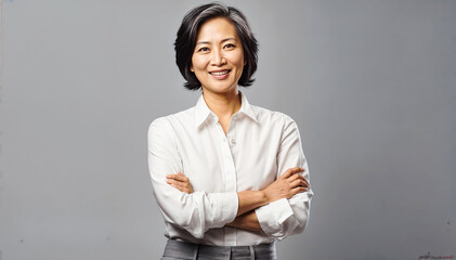 middle-aged Asian business woman with short black hair, wearing a white shirt and grey skirt