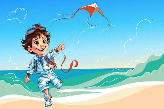 Cartoon boy in pilot suit runs along seashore, flying kite, with aviator goggles and happy smiling