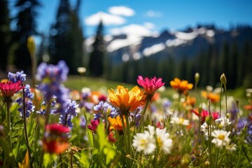 A close-up of colorful wildflowers in a mountain meadow © KerXing