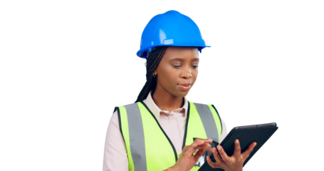 Black woman, engineer or tablet for technology or reading email or serious for contract job in civil engineering. Construction, person or online research or isolated on a transparent png background