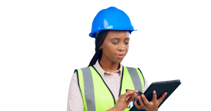 Black woman, engineer or tablet for technology or reading email or serious for contract job in civil engineering. Construction, person or online research or isolated on a transparent png background