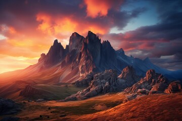 A dramatic mountain range at sunset