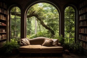 A peaceful library alcove with a view of the garden