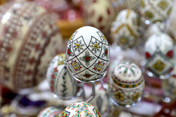 Traditional hand made painted Easter eggs presented at a fair of popular traditions.The eggs are painted with traditional motifs from Bukovina.