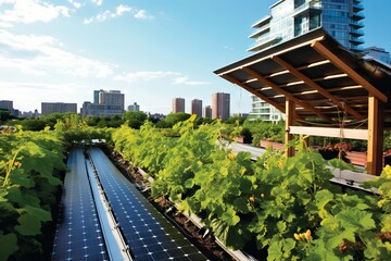 Fototapeta premium A rooftop garden thriving with vegetation, thanks to solar-powered irrigation