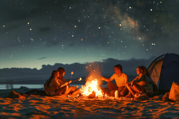 A joyful family gathers around a beach bonfire, roasting marshmallows and sharing stories under the starlit sky.
