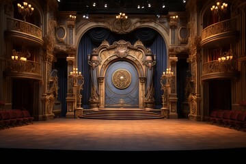 A theater stage with grand architectural details