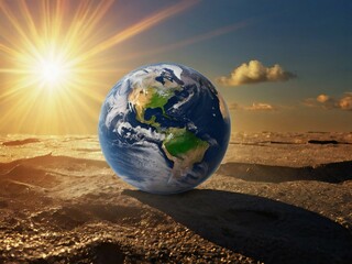 Future world global warming earth on the desert area, high sun light view, destroy world, no water.