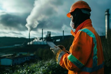 Worker wearing protection monitoring and measuring with digital device industrial parameters like air pollution and chemical harmful contaminants in industry. Air quality health issues concept - obrazy, fototapety, plakaty