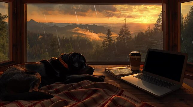Dog contemplating rain by window with enchanting forest view on a serene night Seamless looping 4k time-lapse virtual video animation background. Generated AI
