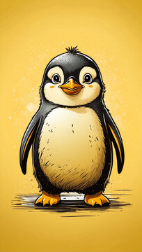 Funny little penguin on yellow background