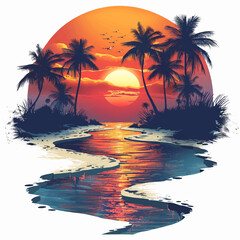 beach with palm trees vectorial logo on white background