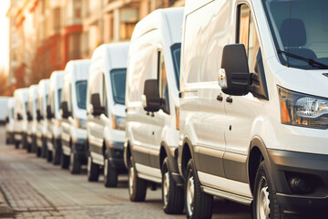 Row of parked white commercial delivery vans transport. A transportation company, delivering goods in the city. 
Space for text