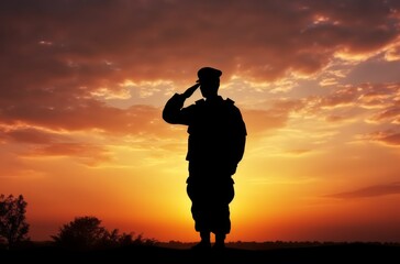 Silhouette of a soldier salutes at sunset