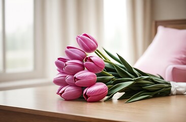 A beautiful bouquet of pink tulips, on a light background in an apartment, opposite the window. Gift, March 8. International Women's Day. Romance, Love, Relationships. Flowers, tulips