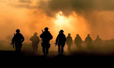 Fototapeta na wymiar Battle scene. Military silhouettes fighting scene on war fog sky background. World War Soldiers Silhouettes Below Cloudy Skyline At sunset