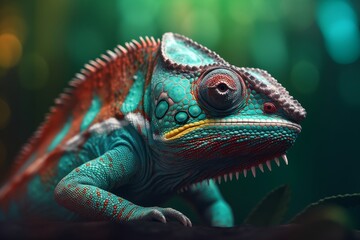 Fototapeta premium Colorful Chameleon in the jungle. Beautiful close-up.