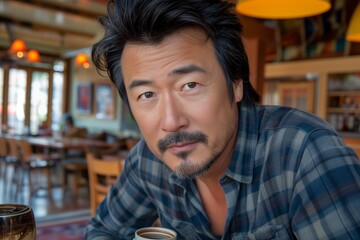 Mature asian man in cafe, reflecting with coffee, warmth in his thoughtful gaze. Reflective moment for man in coffee shop, coffee in hand, comfortable and introspective.