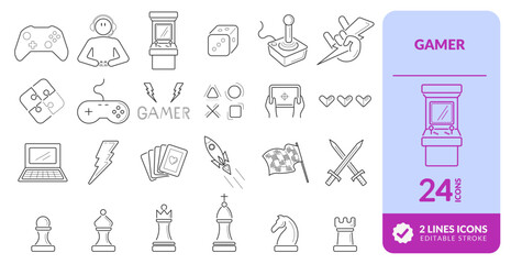 GAMER ICONS WITH EDITABLE LINES.
ELEMENTS TO ILLUSTRATE, SYMBOLS, GAMES, ENTERTAINMENT, GEEK, CARDS, CHESSES, CONTROLS, COMPUTER AND OTHERS.
PIXEL PERFECT. EDITABLE LINE
