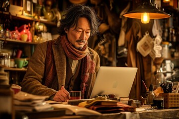 Obraz premium Scholarly asian man engages with laptop in antiquated setting, lost in thought among relics. Intellectual air as man with laptop sits among vintage collections, contemplating deeply
