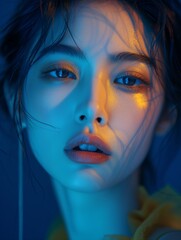 Portrait of a beautiful Asian woman with fashion style. Artistic portrait, shadow play across her face in a blue ambiance. Mysterious allure as shadows dance on young woman's visage, blue tones beauty