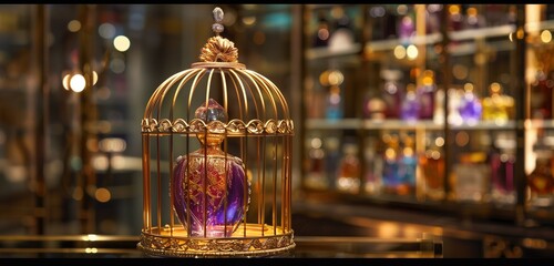 A gilded cage encases a jewel-toned perfume bottle, hinting at a secret treasure within.