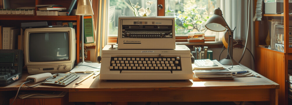 radio teletype device on a desk, in an old office room from the 1980s